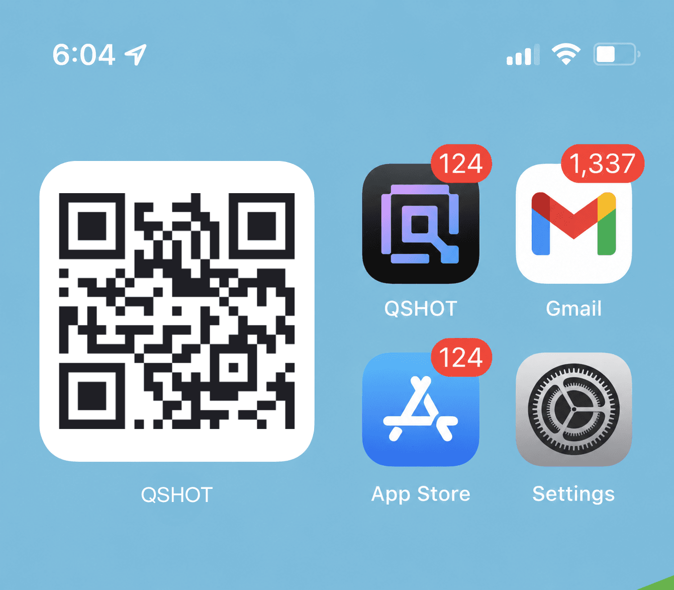 An iPhone home screen with the Qshot app icon and the Qshot QR widget