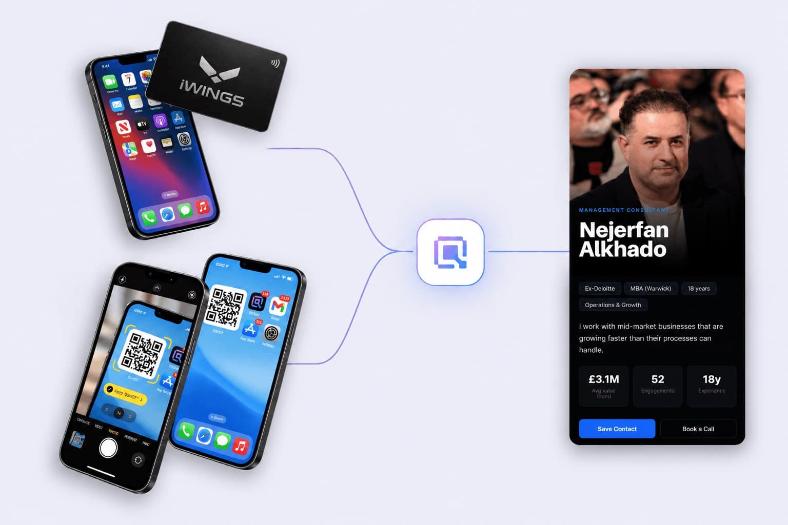 The Qshot ecosystem — a metal card, phones and a Qshot digital profile connected together